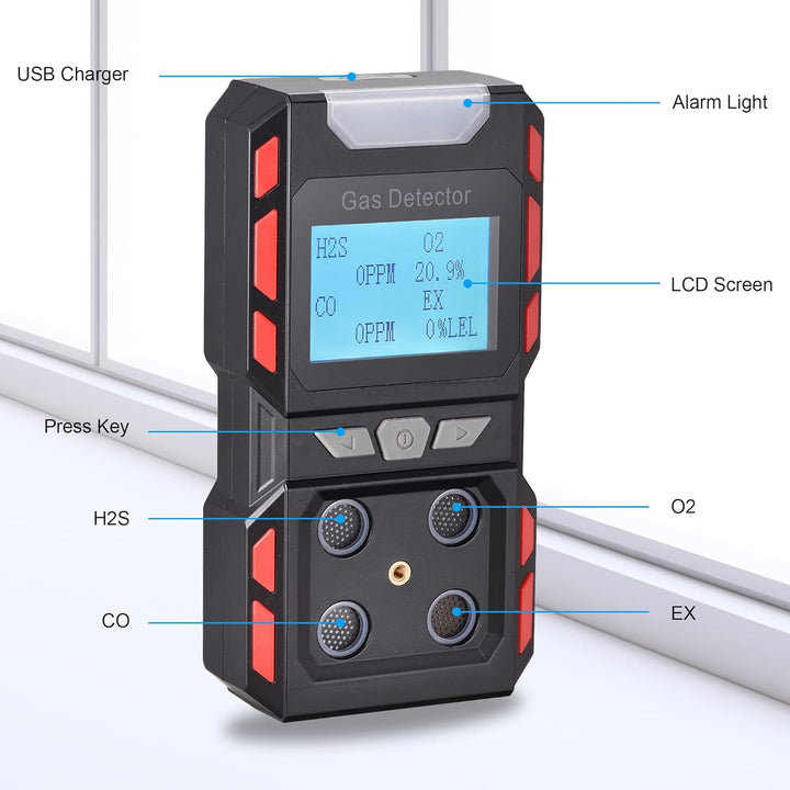 Scondaor Tragbarer 4-in-1-Gasmelder, tragbarer Gaslecksuchgerät mit digitaler LCD-Anzeige, 4-Gas Mes