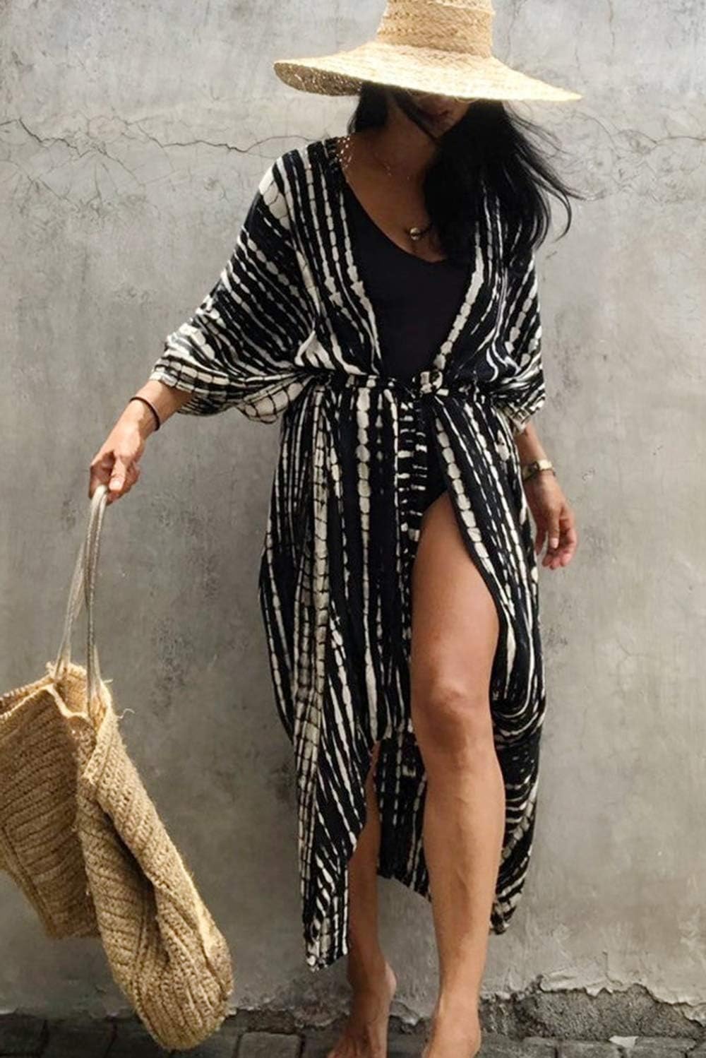 YouKD Böhmische Kimono-Langarm-Strickjacke Strand Badeanzug vertuschen Maxikleid für Frauen