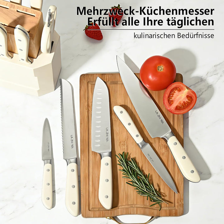 Messerblock Set, 14-teilig, Küchenmesser zum Schneiden, Hacken, Würfeln & Schälen, Weiss 14 Stück We