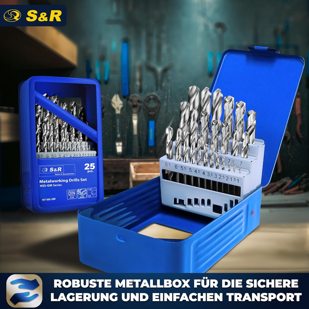 S&amp;R Metallbohrer-Set 25 teilig, ø 1-13 mm, 118° Spitzenwinkel, GM-Serie, HSS-Stahl, Industrie-Qualit