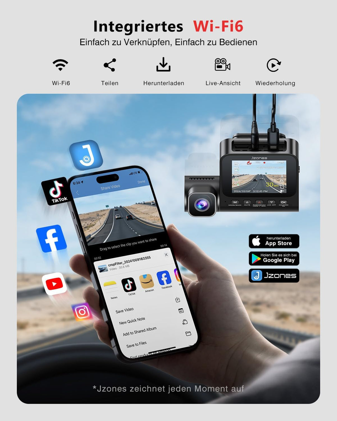 3-Kanal Dashcam Auto Vorne Hinten und Innen mit STARVIS 2 Nachtsicht und HDR, 4k Dashcam Auto APP-St