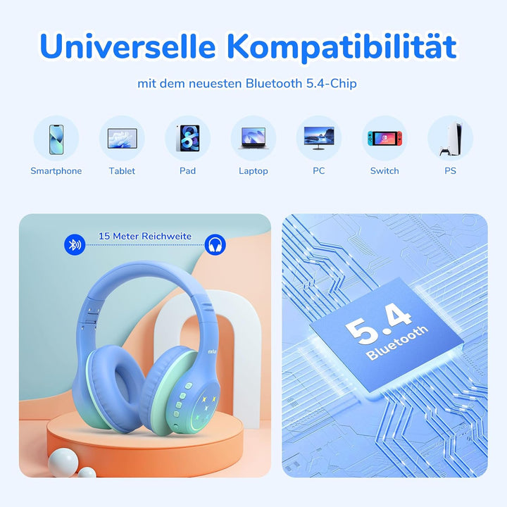 EarFun Bluetooth Kopfhörer Kinder, 5 LED Beleuchtungsmodi, und AUX Kabel | 74/85/94 dBA Lautstärkebe