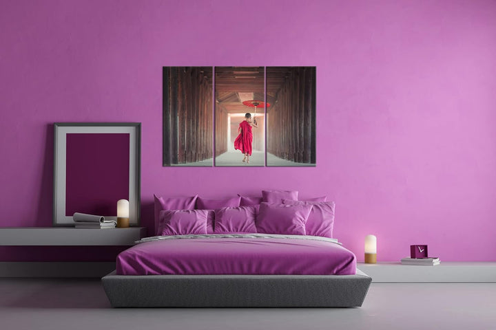 deyoli Junger Mönch im roten Gewand Format: 3-teilig 120x80 als Leinwand, Motiv fertig gerahmt auf E