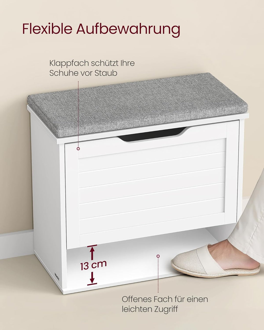 VASAGLE Schuhbank mit Sitzkissen, Sitzbank mit 3 Ebenen, Schuhkipper für 6 Paar Schuhe, Klappfach mi