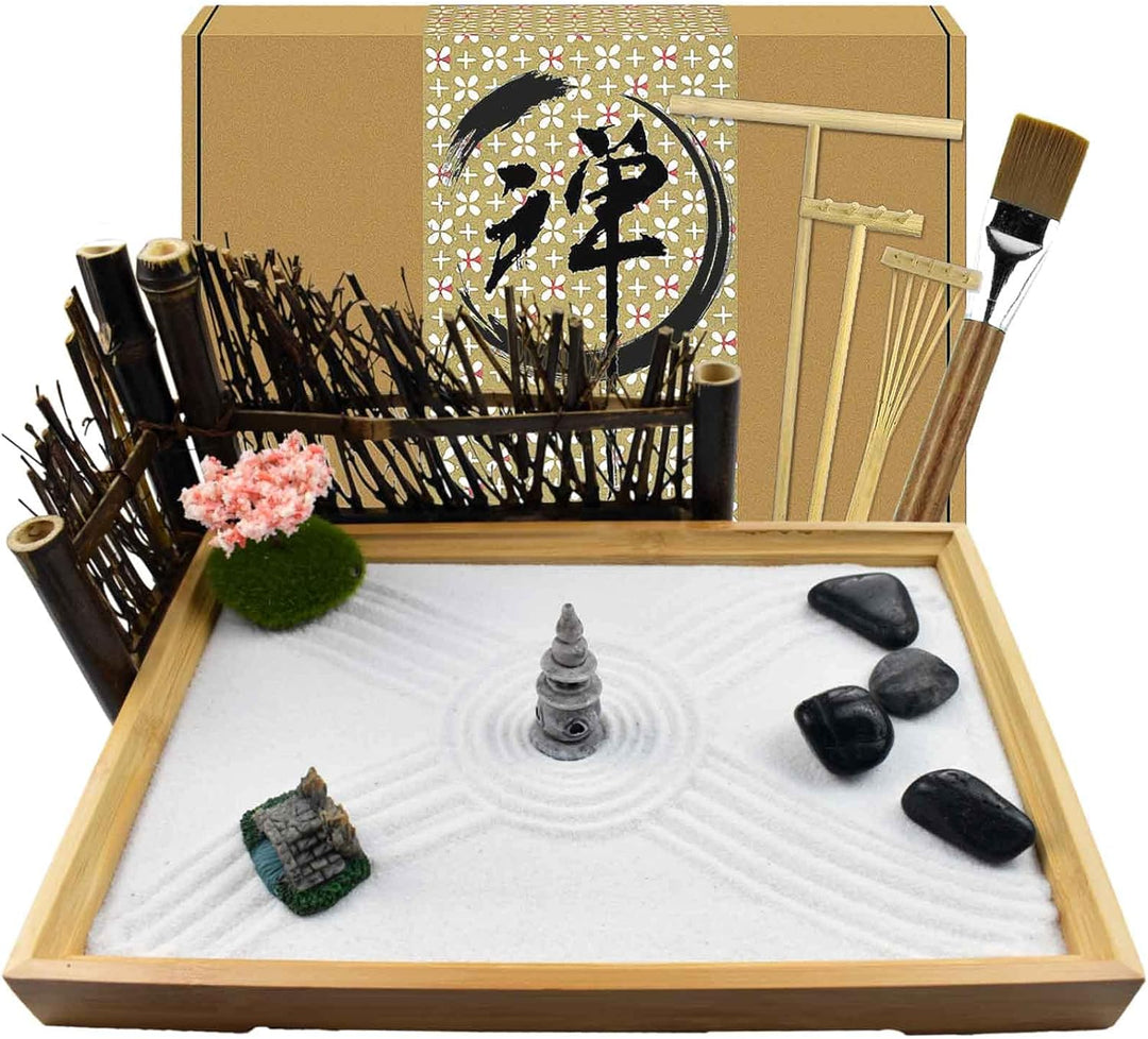 Artcome Japanese Zen Sand Garden for Desk with Rake, Stand, Rocks and Mini Furnishing Articles - Off