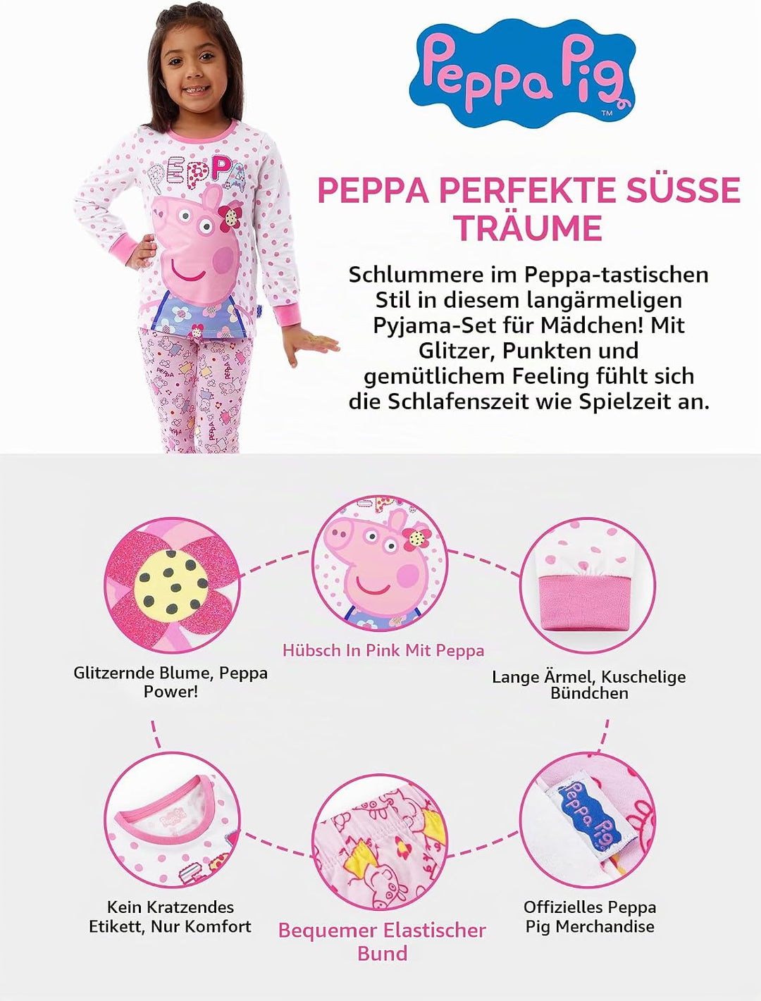 Peppa Wutz Schlafanzug Mädchen | Peppa Pig Schlafanzüge für Mädchen | Blumenmuster Pyjama 110 Mehrfa