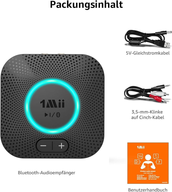 1Mii B06S Bluetooth Audio Adapter, HiFi Wireless 5.2 Empfänger, Lautstärkeregelung, aptX HD &amp; Low La