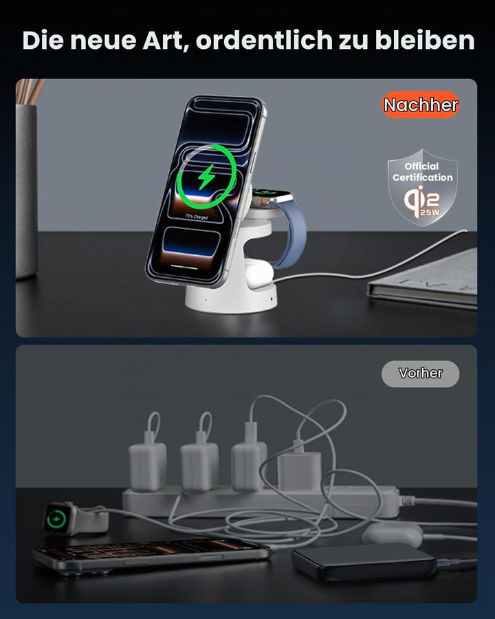 GEEKERA Qi2 25W 3-in-1 Ladestation mit Nachtlicht, Faltbares MagSafe-kompatibles Schnellladegerät fü