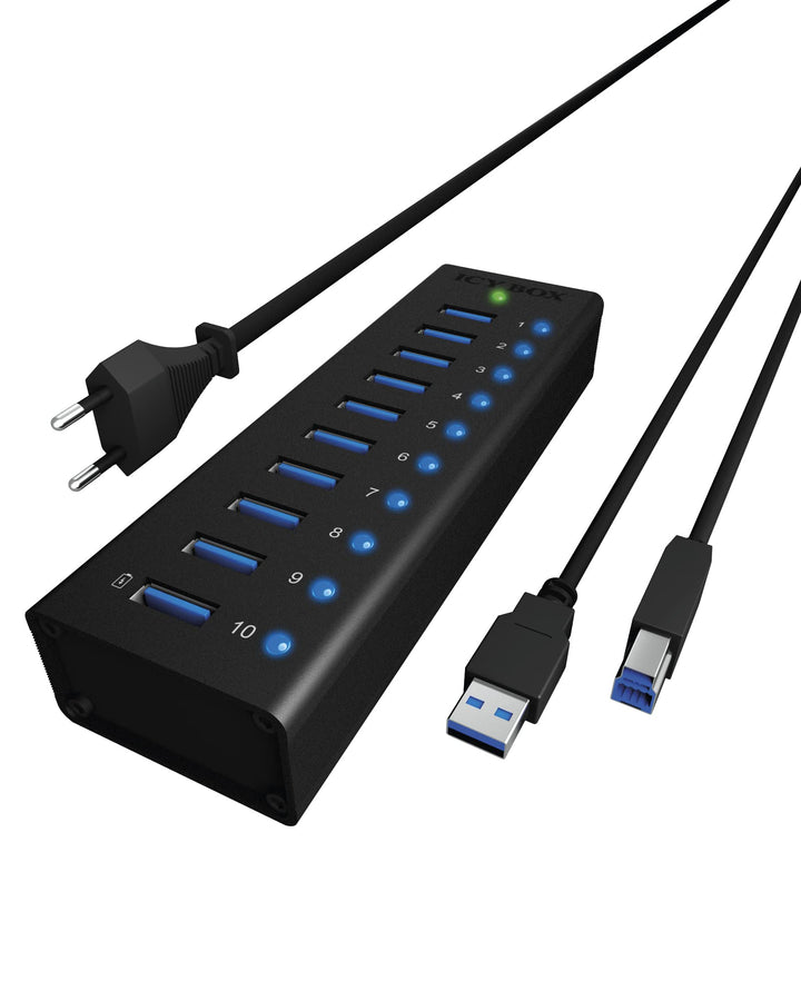 ICY BOX IB-AC6110 10-fach USB 3.0 Hub mit Netzteil (12V/4A), Ladeport, Voll-Aluminium, Klettbefestig