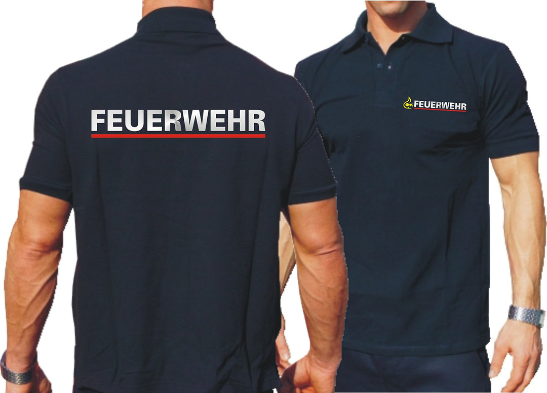 feuer1 Poloshirt Navy, BaWü Stauferlöwe nach VwV mit Rückendruck Feuerwehr (Silber/rot) L Navy, L Na