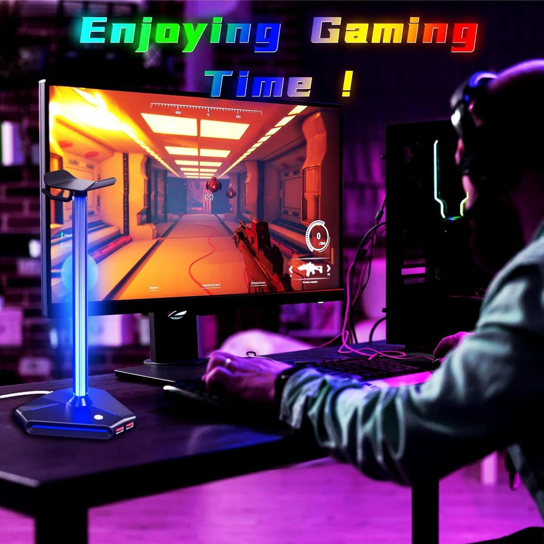 ALACOO RGB Kopfhörer Ständer, Headset Halterung Halter mit 2 USB 2.0-Anschlüssen, Typ C Eingang & Au