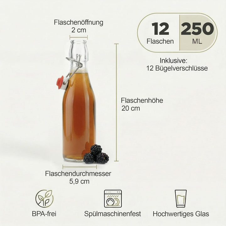 12 Stück 250 ml Bügelflaschen Bügelflasche Glasflasche mit Bügelverschluss Drahtbügel Flasche Bügelv