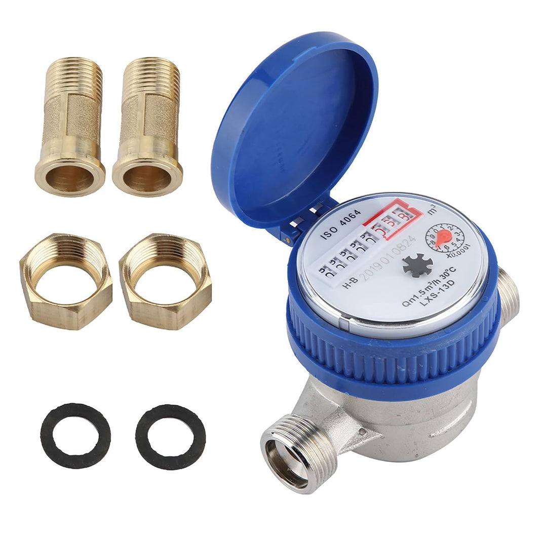 1/2 Zoll Wasserzähler, 15mm Geeicht Gartenwasserzähler, Kaltwasser Zapfhahnzähler mit Armaturen Schu