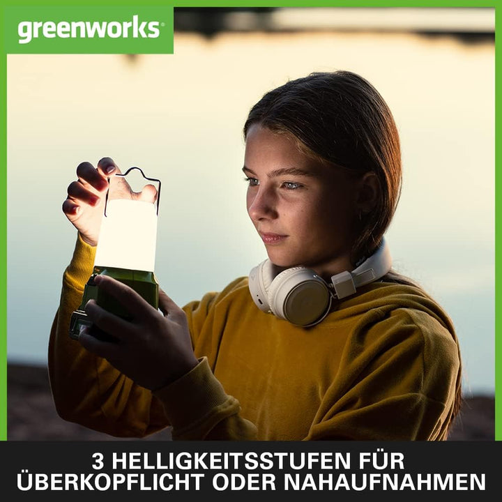 Greenworks G24LA500 Akku-Laterne und Campinglampe mit Haken zum Aufhängen, 500 Lumen, Camping Licht
