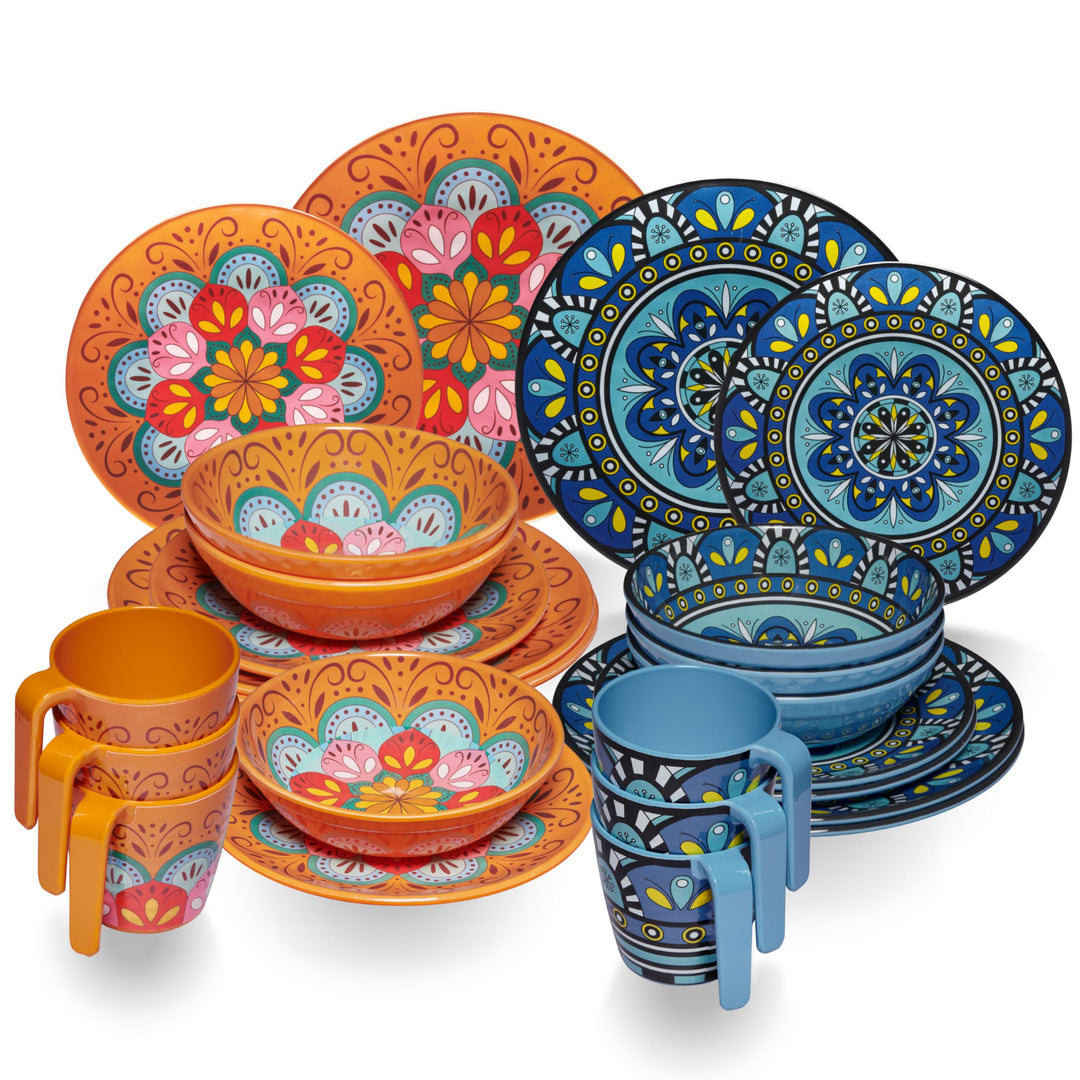 Melamin Geschirr Set Toskana Pastel für 6 Personen - Orange-Blau - Mandala-Optik Spülmaschinengeeign