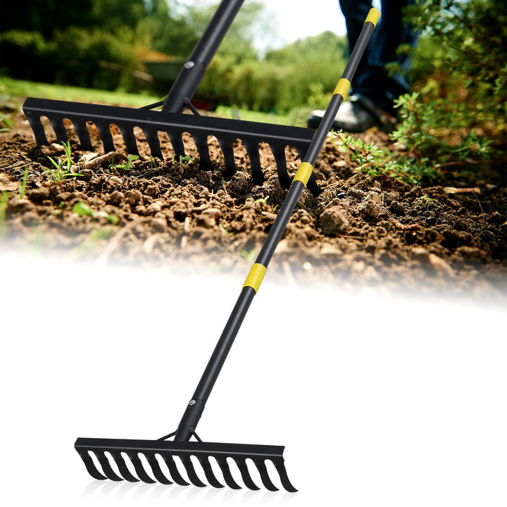 Garten Rechen, 152 cm Bogenharke mit 12 Zinken, Langer Stiel Schwere Gartenharke zum Auflockern des