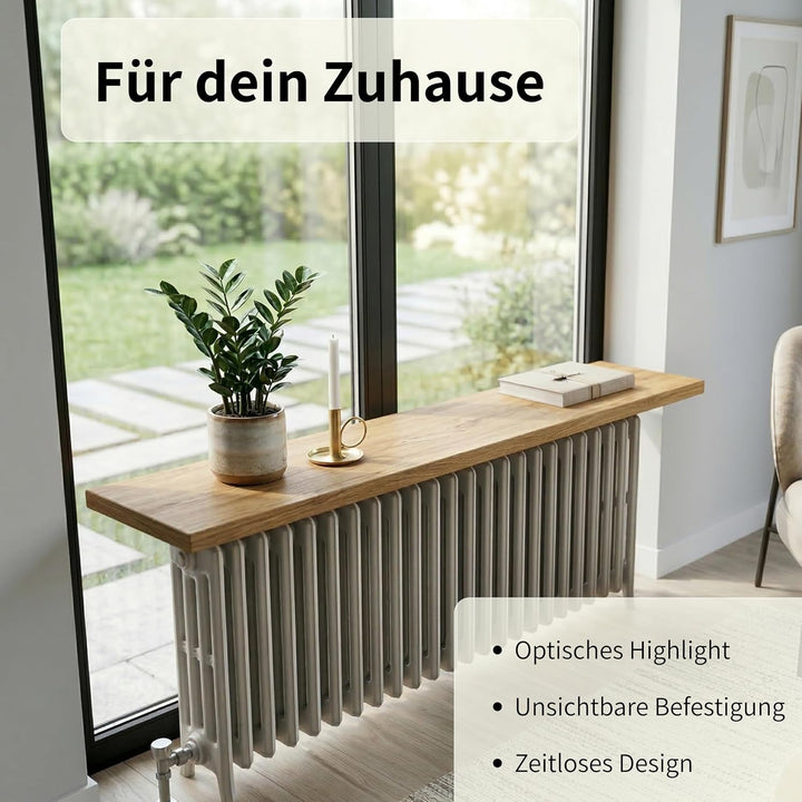 Heizungsregal Eiche Massiv – Ohne Bohren – Individuelle Länge 30-190 cm – Zum Aufstecken – Handgefer