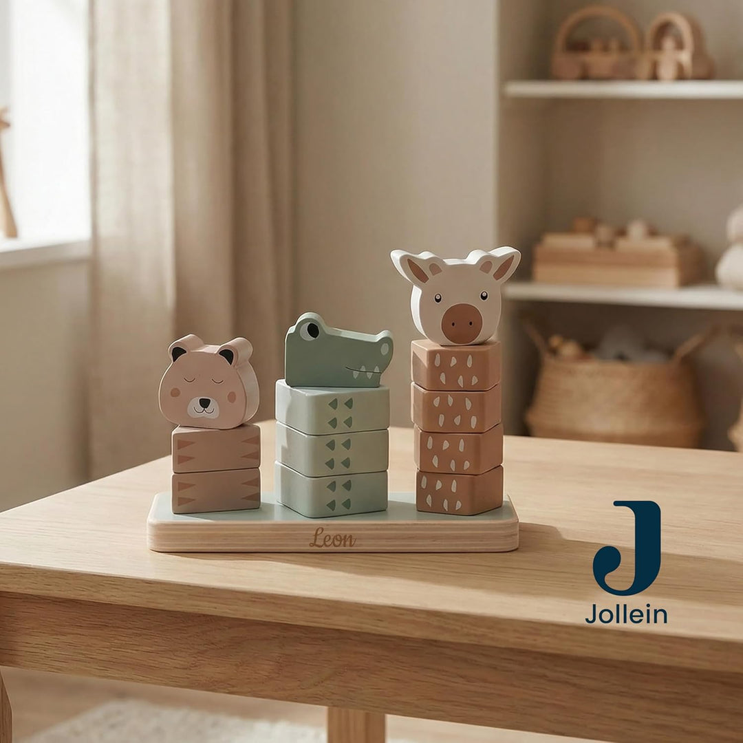 Stapelturm personalisiert mit Name – Jollein FSC Holz Baby Stapelspielzeug mit 3 Tierköpfen – Gesche