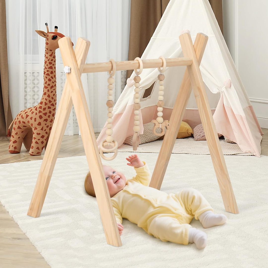 COSTWAY Baby Spielbogen Holz, Spieltrapez klappbar, Baby Gym mit 3 abnehmbaren Kinderspielzeugen, Sp