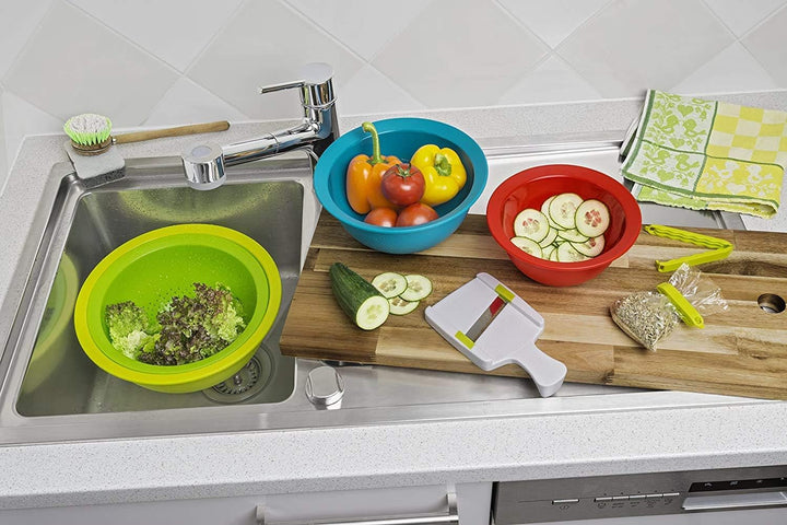 Rotho Caruba Set mit 3 Schalen und 1 Sieb, Kunststoff (PP) BPA-frei, mehrfarbig, (30.0 x 30.0 x 13.0