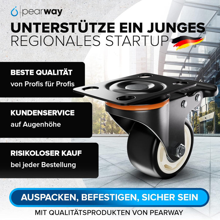 PEARWAY™ Premium Lenkrollen 75mm mit Bremse [4x gesamt 500kg] inkl. Montagezubehör I Robuste Transpo
