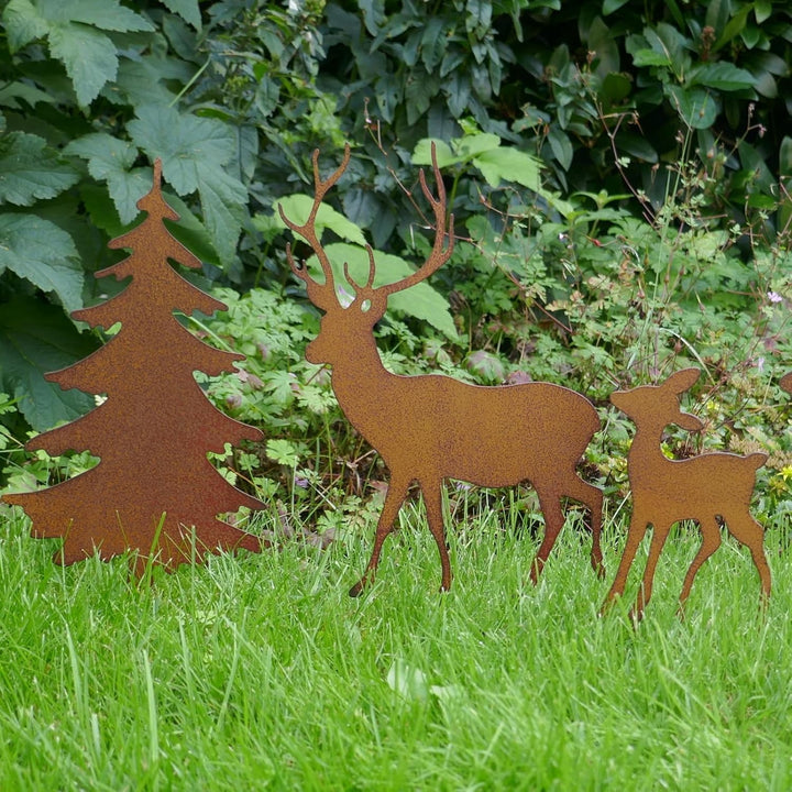 Gartenstecker Deko Rehe und Hirsche mit 2 Tannen in Rostpotik 5er Set - Weihnachtsdeko zum Basteln -