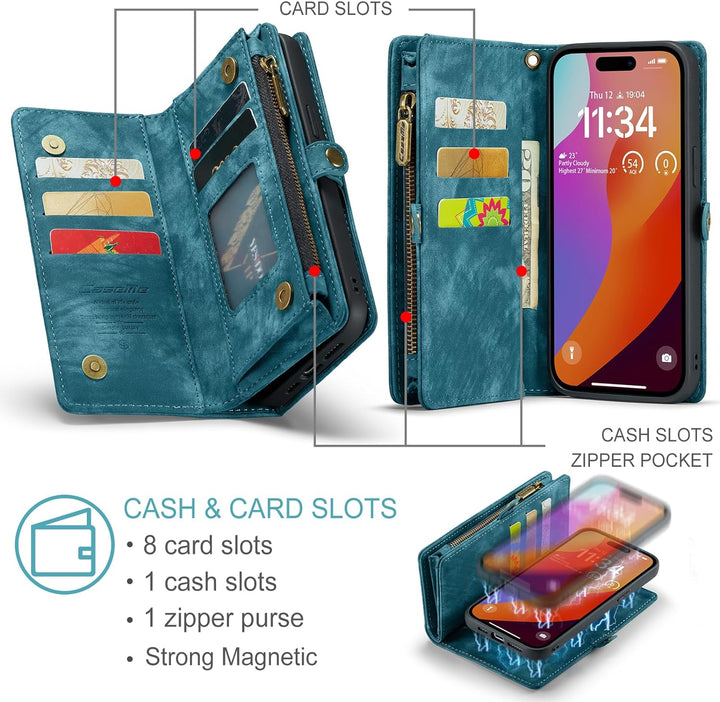 UFinetech für iPhone 15 Pro Hülle, Flip Leder TPU Stossfeste Kartenfach Tasche Handyhülle für iPhone