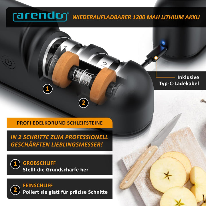 Arendo - Messerschärfer elektrisch mit Griff – zweistufig schärfbar - Grobschliff und Feinschliff –