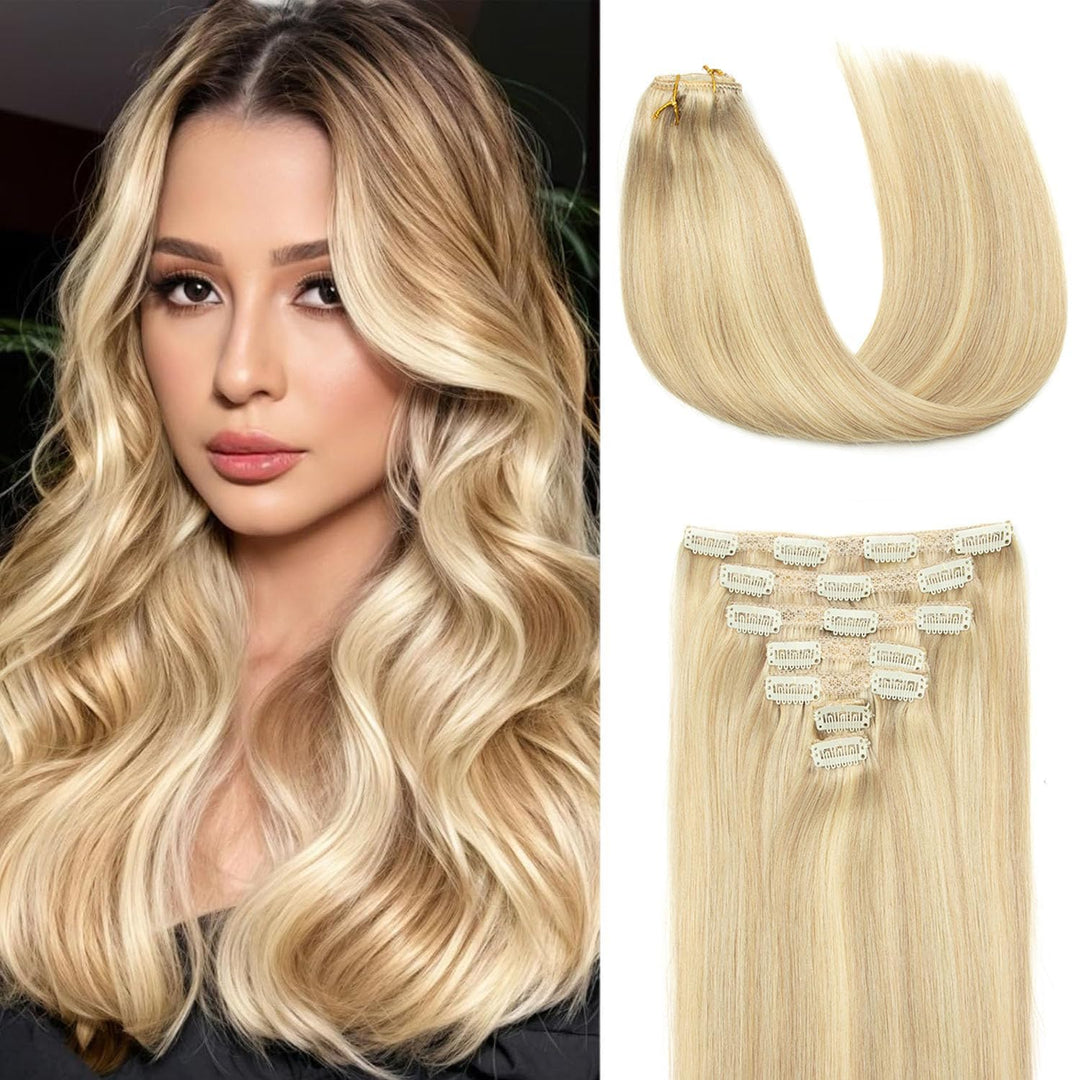 Clip in Extensions Echthaar 35cm 7 Stück 120g Glatt Nahtlos Hellbraun Mix | Sekundenschnelles Einset