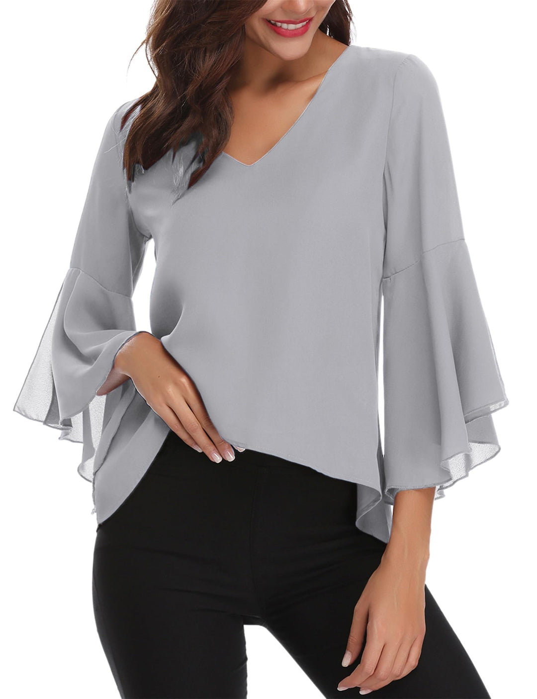 Gyabnw Damen Chiffon Bluse Volantärmeln Tunika 3/4 Arm Elegant Chiffontunika Festlich Chiffon Bluse