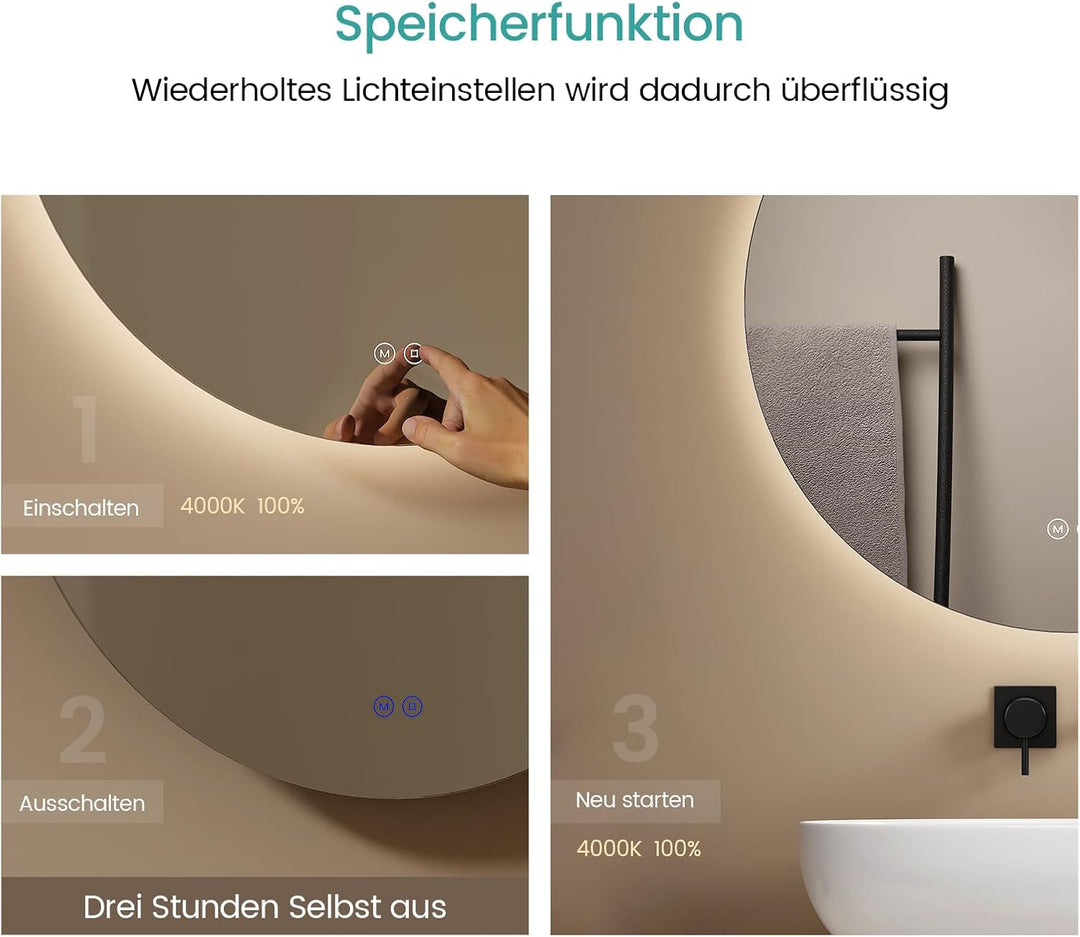 EMKE Runder LED Badspiegel mit Beleuchtung – Badezimmerspiegel 50 cm, 3 Lichtfarben (Warmweiss/Neutr