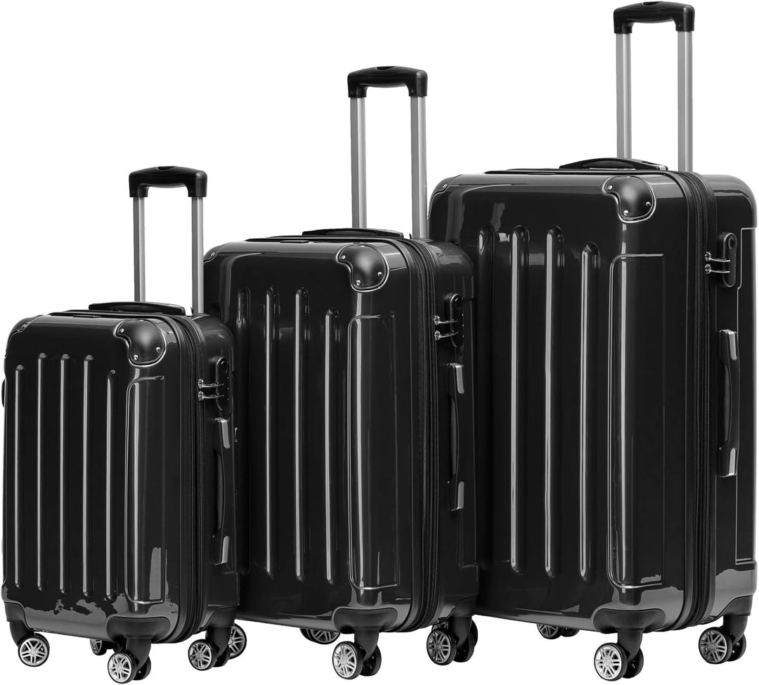 BEIBYE- 3er Kofferset Hartschalen-Koffer Reisekoffer Trolley Rollkoffer Set Reisekofferset (Schwarz)