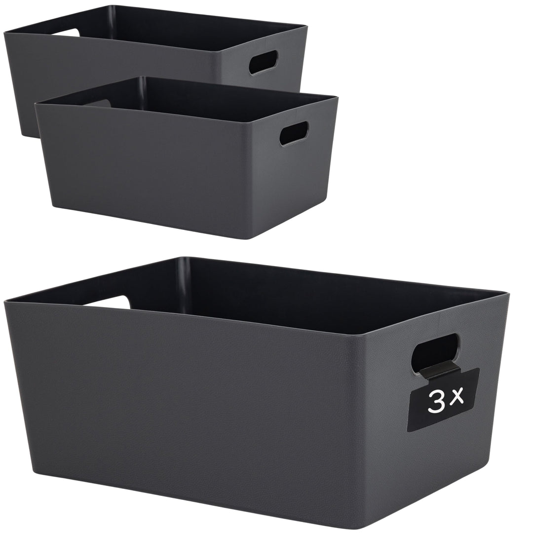 3 x Ordnungsbox mit Beschriftungsclip anthrazit DINA4 - 26x35x15 cm 11,5 Liter - Ordnungskorb Ordnun
