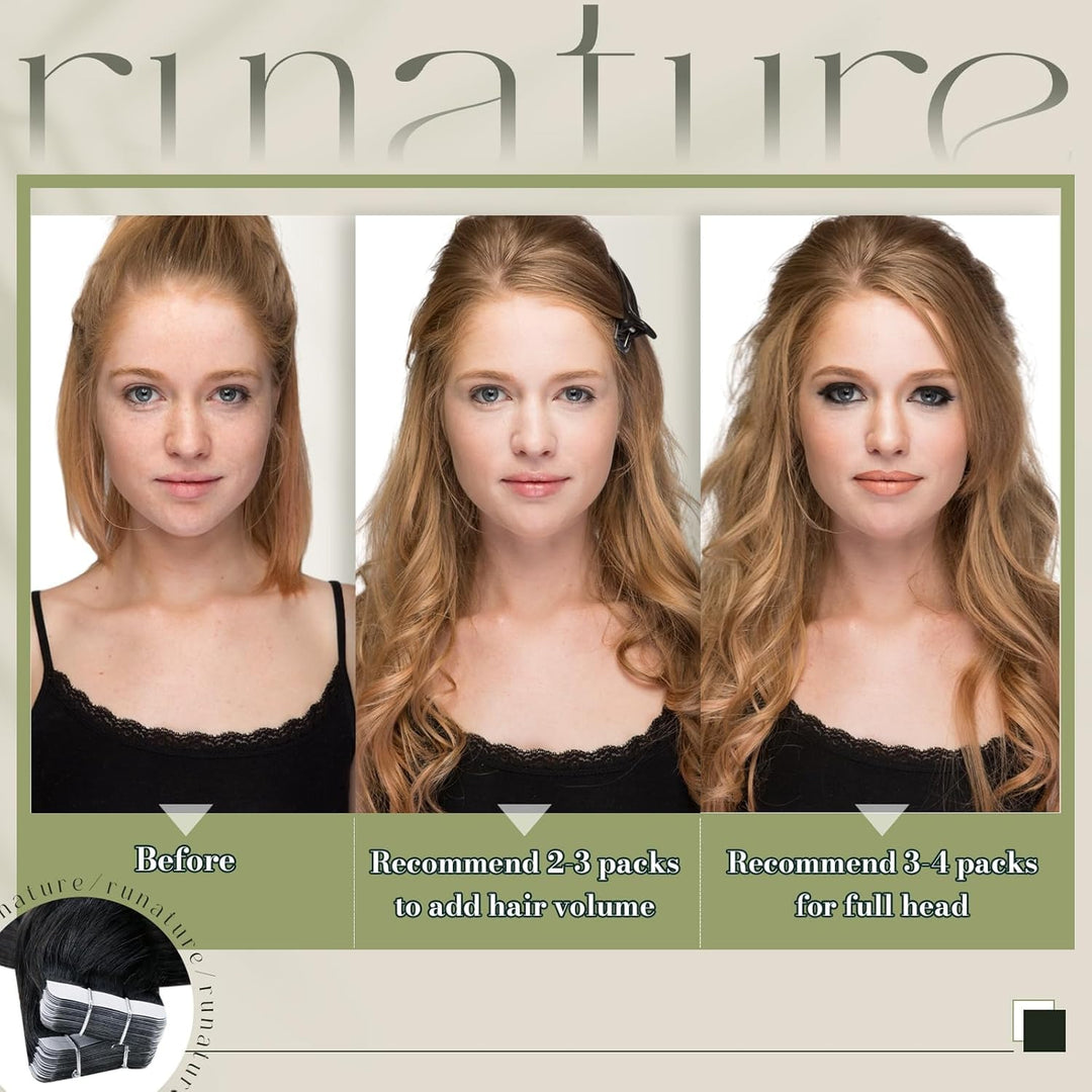 RUNATURE Tape in Extensions Schwarz 30cm Seamless Invisible Haarverlängerung 20 Stück 30g #1 30.48 c