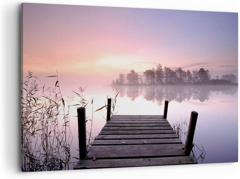 Bilder auf Leinwand 100x70cm Leinwandbild Morgen Sonnenaufgang Nebel See Gross Wanddeko Bild Schlafz