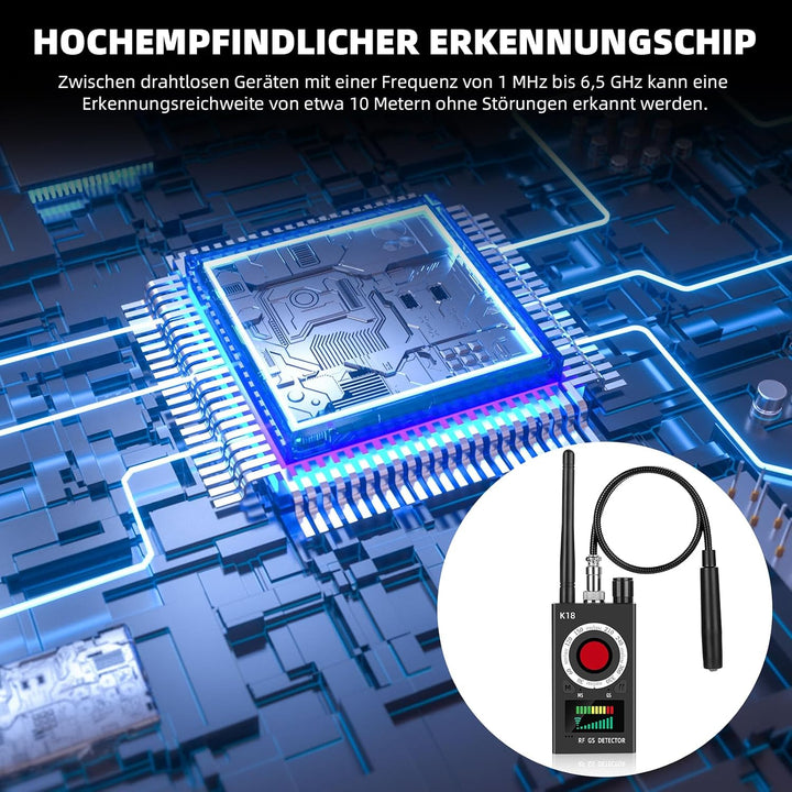 K18 Wanzen Detektor 4-in-1 Anti Spy Kamera &amp; GPS Scanner | RF 1MHz–6.5GHz detection · Magnetfeld &amp; G