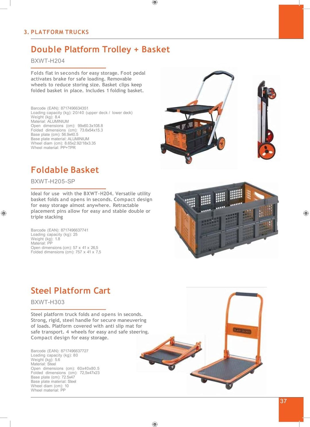 BLACK+DECKER BXWT-H303 Plattformwagen - Transportwagen Max. 80KG - Klappbarer Handwagen 60 x 40 x 80