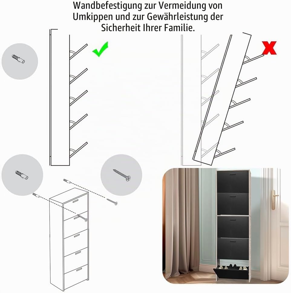 CASABEL Schuhschrank für 15 Paar – grosse Kapazität für den Eingangsbereich – L 60 x B 17 x H 180 cm
