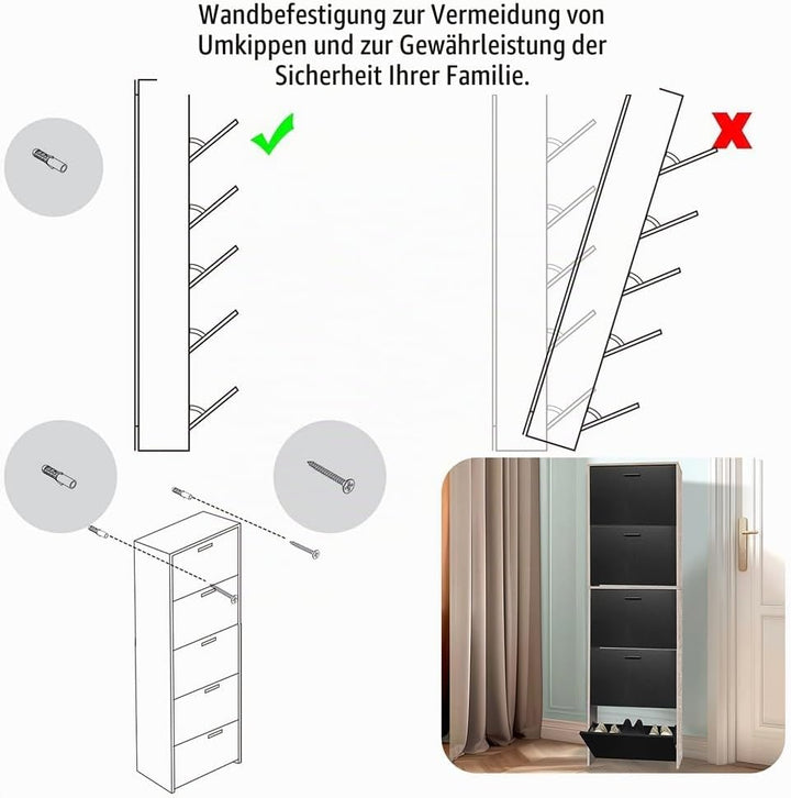CASABEL Schuhschrank für 15 Paar – grosse Kapazität für den Eingangsbereich – L 60 x B 17 x H 180 cm