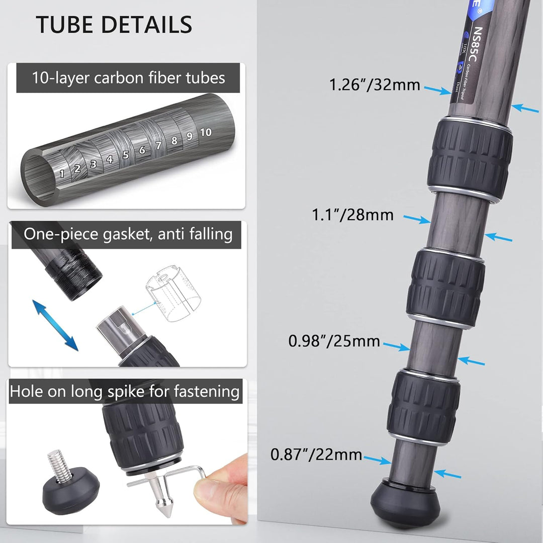 Ultraleichtes Stativ, Kohlefaser-Stativ, 172 cm/1.6 kg, ARTXC, leichtes Reisestativ mit 36 mm niedri