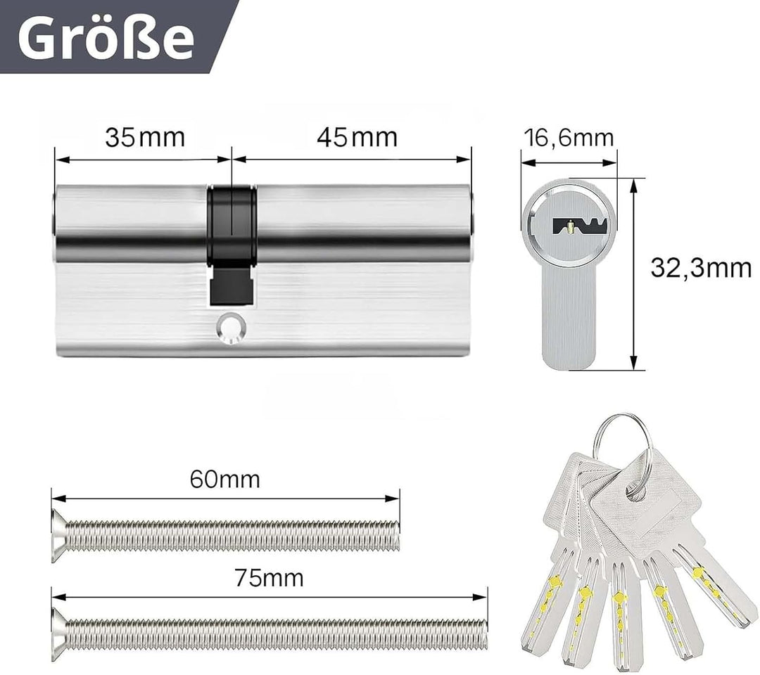 MANICAF Schliesszylinder 35/45, Profilzylinder 80mm mit 5 Schlüsseln | Doppelzylinder mit beidseitig