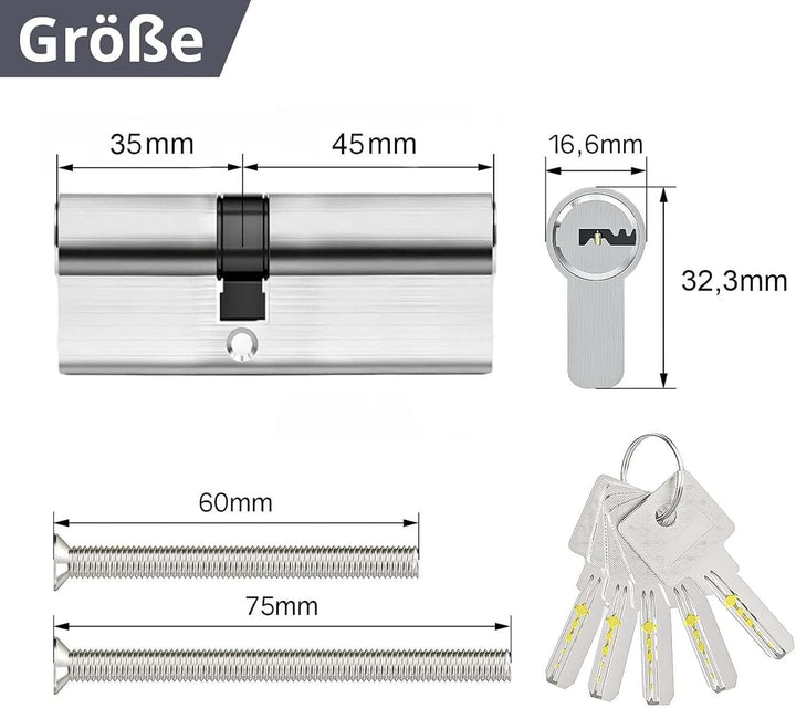 MANICAF Schliesszylinder 35/45, Profilzylinder 80mm mit 5 Schlüsseln | Doppelzylinder mit beidseitig