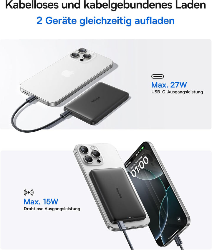 Baseus Picogo AM41 Power Bank, 10000mAh Qi2 Magsafe Powerbank 15W Wireless, Ultra Slim, PD 27W Schne