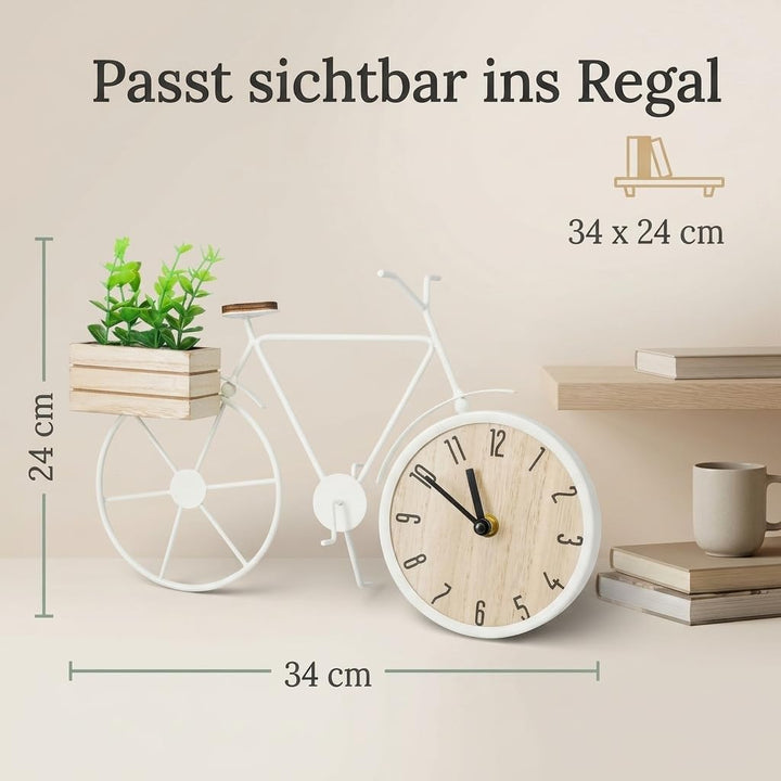 MIJOMA Tischuhr Fahrrad 34 x 24 cm – Metallrahmen mit Holzbox und Deko-Pflanze – analoges Zifferblat
