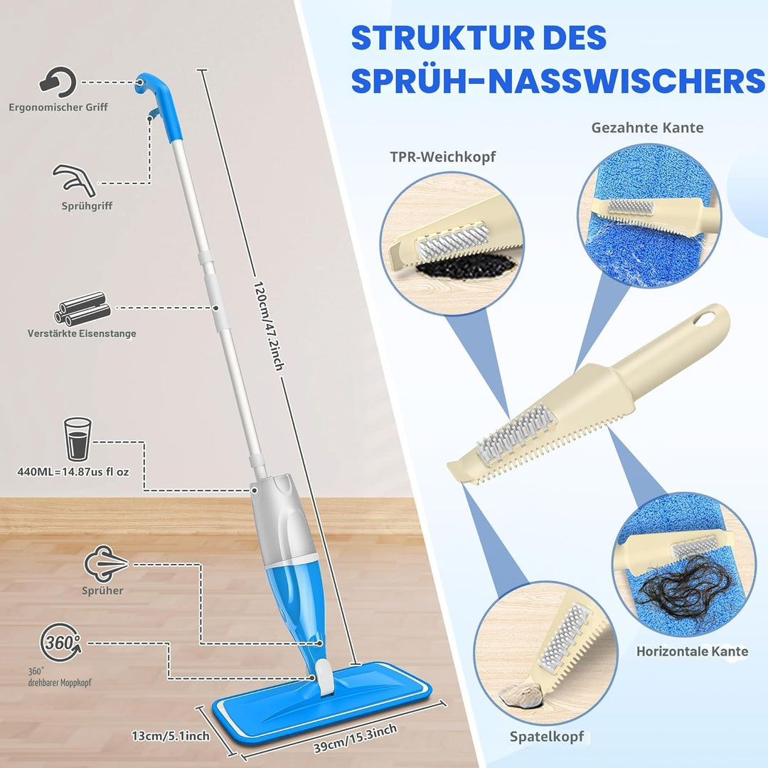 Bodenwischer mit Sprühfunktion - EXEGO Sprühwischer Bodenwischer mit 4-Mikrofaserbezug, Spray Mops W