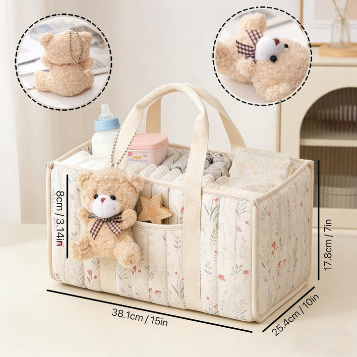 XQLY Windel-Caddy Organizer mit süssem Bären-Anhänger, Wildblumen-Blumenmuster, tragbarer Baby-Kinde