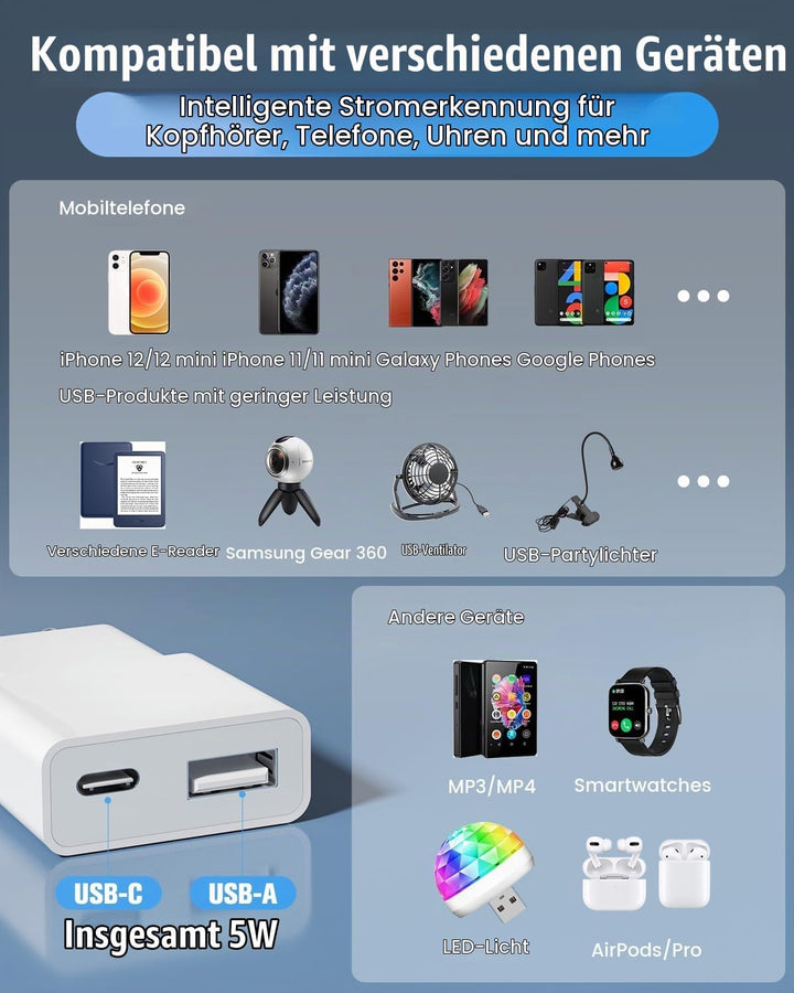 USB Ladegerät 5W Slim Ladestecker Netzteil 5V 1A 2Port USB C+ USB A Netzstecker Adapter, Steckdosena