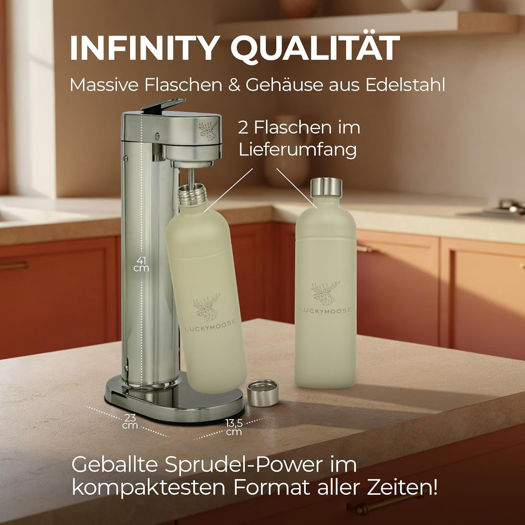 Luckymoose Infinity-S Wassersprudler aus hochwertigem Edelstahl (Silver/Sand) – inkl. 2x 1,25L Edels