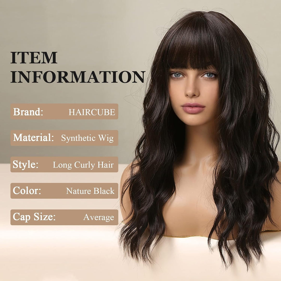 HAIRCUBE Lange lockige Perücken für Frauen dunkelbraune Perücken synthetische Perücke mit Pony -Hitz