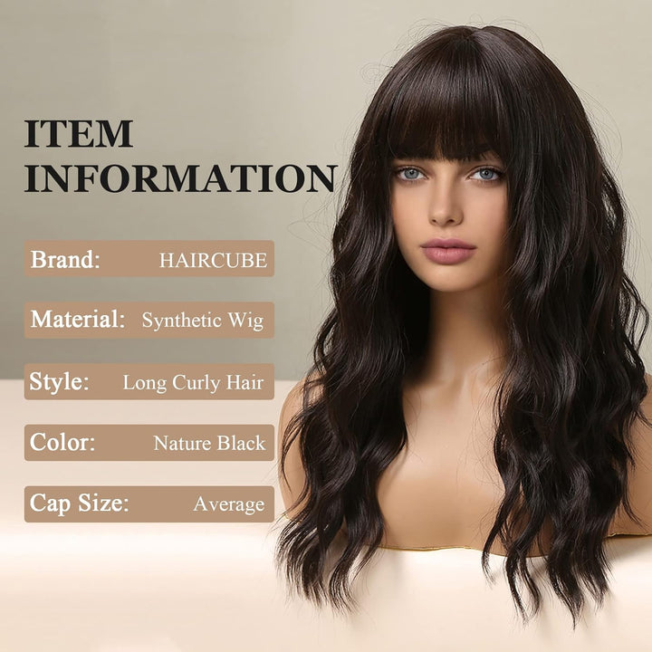 HAIRCUBE Lange lockige Perücken für Frauen dunkelbraune Perücken synthetische Perücke mit Pony -Hitz